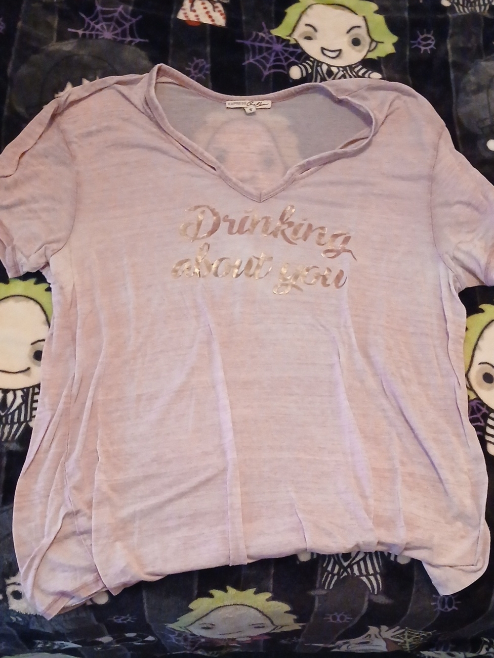 Express Light Lilac V-Neck Tee with Metallic Script